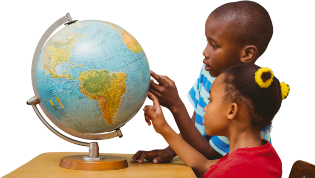 Digital png photo of happy diverse children looking on globe on transparent background