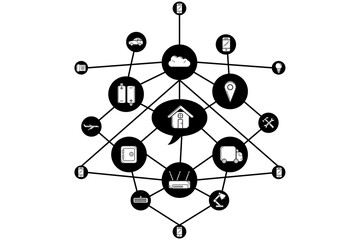 Digital png illustration of network of connections with media icons on transparent background