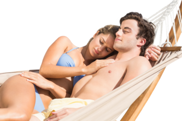 Digital png photo of caucasian couple lying in hammock on transparent background