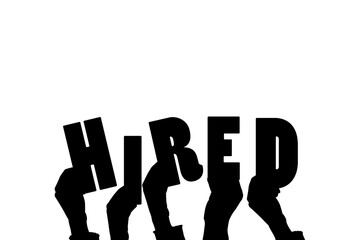 Digital png silhouette image of hands holding hired text on transparent background