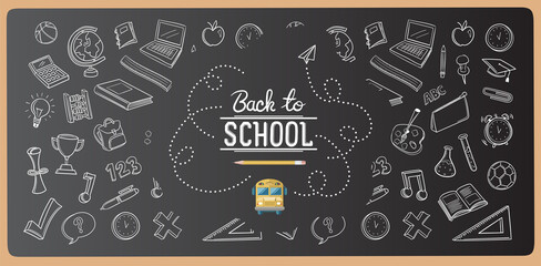 Digital png of back to school text and education icons on chalkboard on transparent background