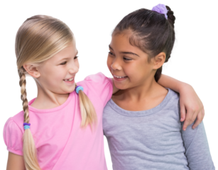 Digital png photo of two diverse girl friends embracing and smiling on transparent background