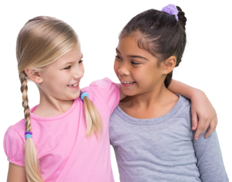 Digital png photo of two diverse girl friends embracing and smiling on transparent background - Powered by Adobe