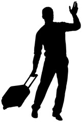 Digital png silhouette of man with suitcase hailing taxi on transparent background