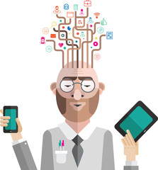 Digital png illustration of man with social media icons on transparent background