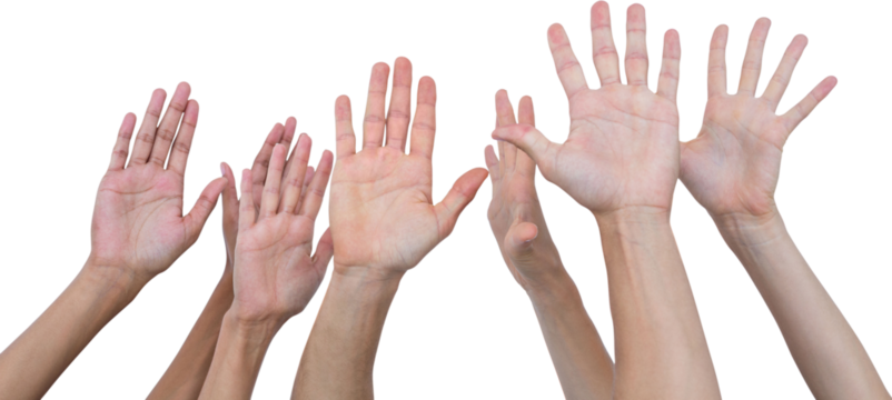 Digital png photo of diverse raised hands on transparent background - Powered by Adobe