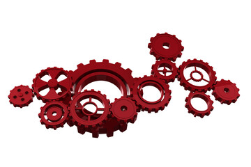 Digital png illustration of red cog wheels on transparent background