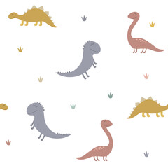 Colorful dino seamless pattern in modern style on white background. Abstract dino seamless pattern for fabric design.