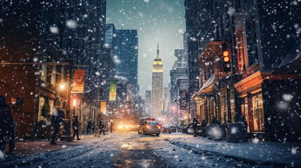 Snowfall in the evening city. Dark background with falling snow. Winter night. 