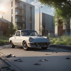 An old abandoned car in the yard of a residential house