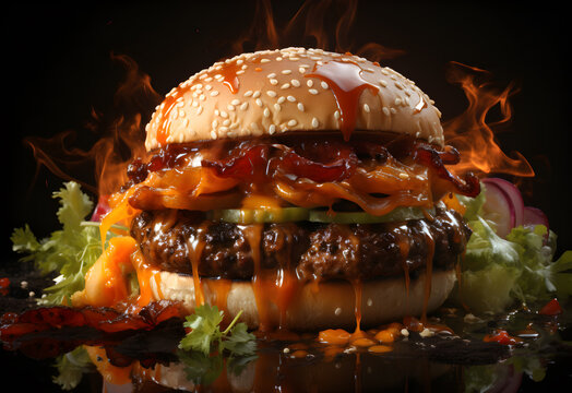 Closeup of tasty hamburger on black background with flames and reflection