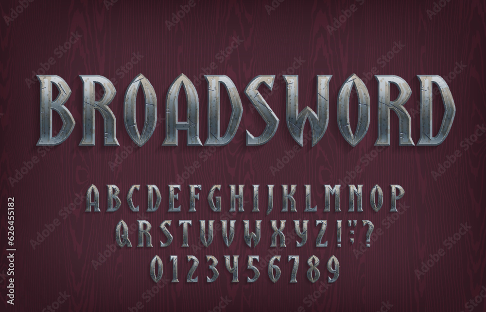 Fototapete broadsword alphabet font. distressed metal letters and numbers on a wooden background. stock vector 