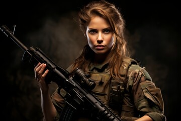 Fototapeta premium Female soldiers with weapons, concept gender equality, person with gun, dark background