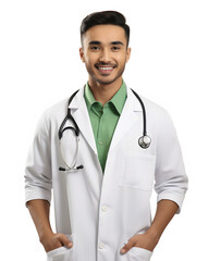 Fototapeta premium Portrait young medical doctor with stethoscope smiling at camera isolated on white background