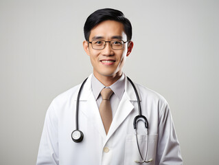 Fototapeta premium Portrait of young Asian male doctor isolated on white background