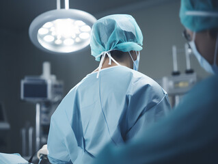 Doctor ready to perform surgery on patient in operating room, back view photo