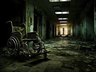 Fotobehang an empty wheelchair in an abandoned hospital aisle © Kedek Creative