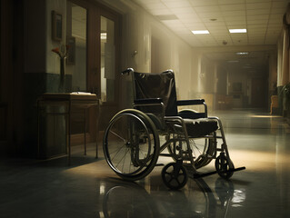 Fototapeta na wymiar an empty wheelchair in an abandoned hospital aisle