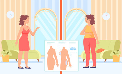 Happy woman before and after plastic surgery vector illustration. Cartoon drawing of girl getting liposuction, breast augmentation, body transformation. Plastic surgery, beauty concept