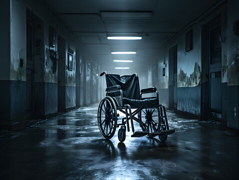 an empty wheelchair in an abandoned hospital aisle