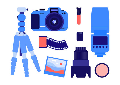 Equipment for professional camera vector illustrations set. Collection of drawings of camera, tripod, lens, reel or film, memory card, photo, tools or accessories. Photography, equipment concept