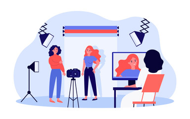 Happy woman at photographer studio vector illustration. Photographer, model and photo editor, professional equipment and tools, lighting, backdrop, camera on tripod. Photography, photo shoot concept