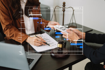 justice and law concept.Male judge in a courtroom on wooden table and Counselor or Male lawyer working in office.
