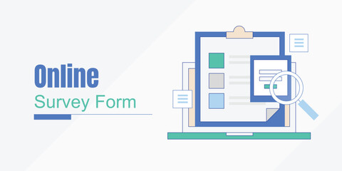 Online survey form. Fill out online form. Check list, Work list on laptop screen, Do list app. Vector illustration landing page.