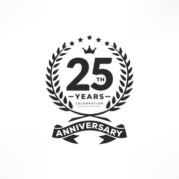 25 years anniversary logo emblem. 25th years Celebrating Anniversary Logo. 25 years anniversary celebration logo design with decorative ribbon or banner.
