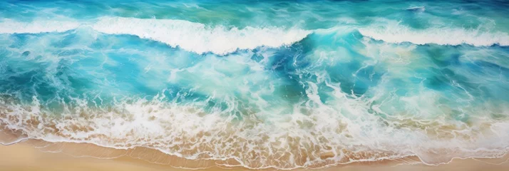 Zelfklevend Fotobehang Aerial view drone over beach sea background. Beautiful sea waves. Beach sand and amazing sea wallpaper banner. Generative AI © Virtual Art Studio