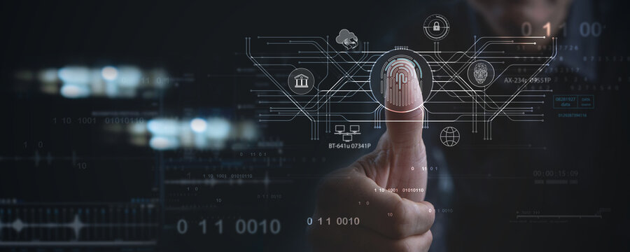 Biometric security network, privacy data protection. Businessman using fingerprint identification to access personal financial data, cybersecurity technology against digital cyber crime