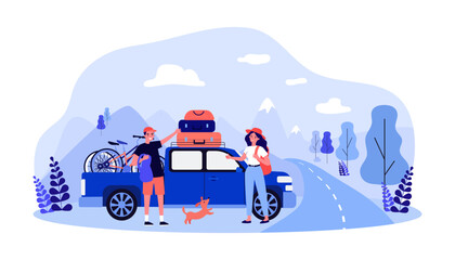 Couple with dog going on road trip in car vector illustration. Cartoon drawing of happy man and woman with backpacks, suitcases, bicycles in truck. Traveling, vacation, summer, transportation concept