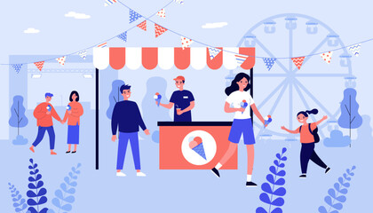 Fototapeta na wymiar People buying ice cream summer fair vector illustration. Cartoon drawing of summer festival with ice cream stall at amusement park, happy men, women and kid. Summer, leisure, entertainment concept