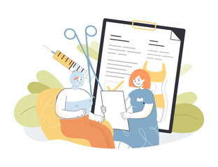 Woman in bandages talking to plastic surgeon vector illustration. Cartoon drawing of patient recovering after operation, procedure report. Recovery, plastic surgery, medicine, health concept