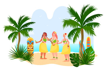 Female Hawaiian dancers on beach vector illustration. Cartoon drawing of hula dancers, women in tropical or exotic paradise. Vacation, summer, entertainment, music, tourism concept