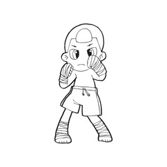 Muay Thai kick boxing, Thai boxing cute kid fighting action cartoon doodle vector illustration on white background 