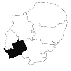 Map of Hertfordshire in East of England province on white background. single County map highlighted by black colour on East of England administrative map.