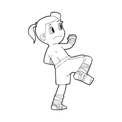 Muay Thai kick boxing, Thai boxing cute kid fighting action cartoon doodle vector illustration on white background 