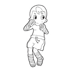 Muay Thai kick boxing, Thai boxing cute kid fighting action cartoon doodle vector illustration on white background 