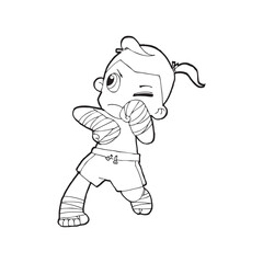 Muay Thai kick boxing, Thai boxing cute kid fighting action cartoon doodle vector illustration on white background 