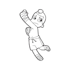 Muay Thai kick boxing, Thai boxing cute kid fighting action cartoon doodle vector illustration on white background 