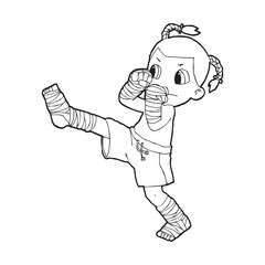 Muay Thai kick boxing, Thai boxing cute kid fighting action cartoon doodle vector illustration on white background 