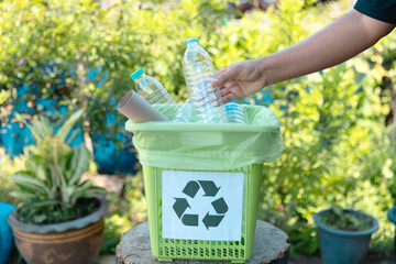 Plastic bottle waste for recycling, reuse concept. Volunteers store plastic bottles in cardboard...
