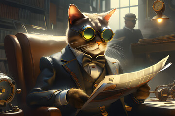 cat in a suit in a steampunk atmosphere wearing round sunglasses and reading Generative AI