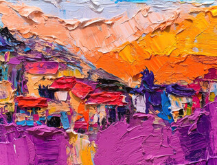 an abstract painting of mountains and a small town,abstract watercolor background