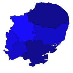Obraz premium blue East of England administrative and political map. uk, United Kingdom, Britain