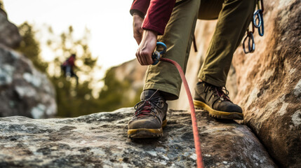Male rock climber with climbing equipment holding rope ready to start climbing the route