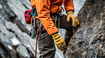 Male rock climber with climbing equipment holding rope ready to start climbing the route