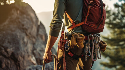 Male rock climber with climbing equipment holding rope ready to start climbing the route - obrazy, fototapety, plakaty