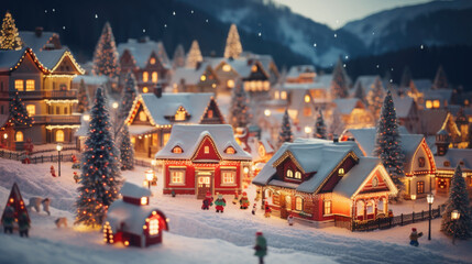 Fototapeta na wymiar Delightful Christmas Holiday Miniature Village, Whimsical Winter Wonderland and Snow-Covered Landscapes.